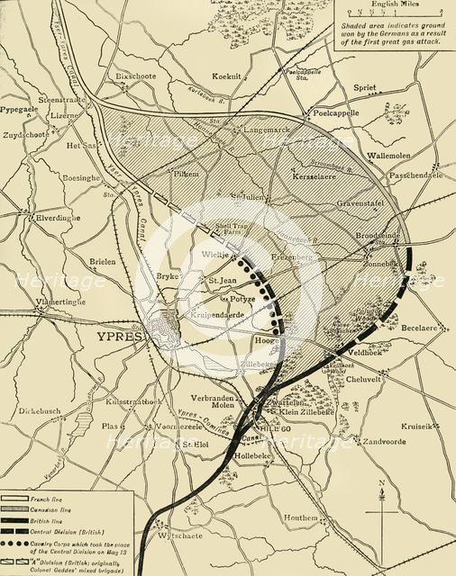 'The Ypres Salient before and after the Second Battle of Ypres...', First World War, 1915, (c1920). Creator: Unknown.