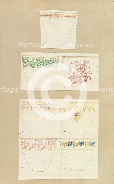 Seven Designs for Decorated Cups, 1845-55. Creator: Alfred Crowquill.