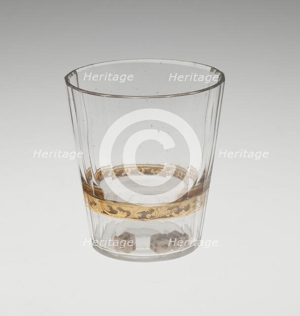 Beaker (Zwischengoldglas) Incorporating Three Dice, Bohemia, c. 1730. Creator: Bohemia Glass.