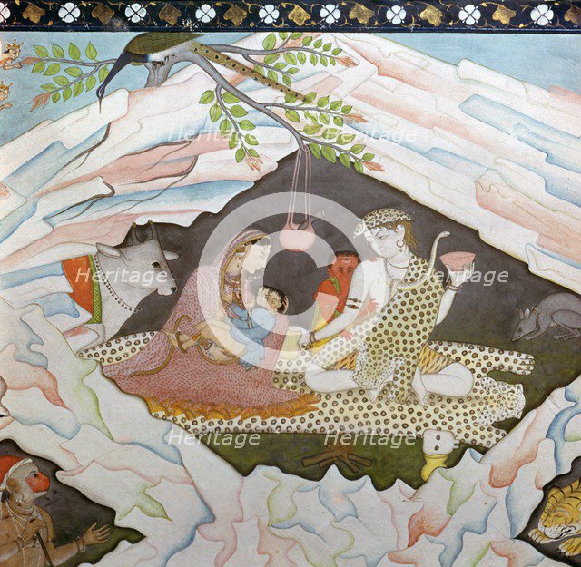 The holy family seated in a cave on Mount Kailasa. Artist: Unknown