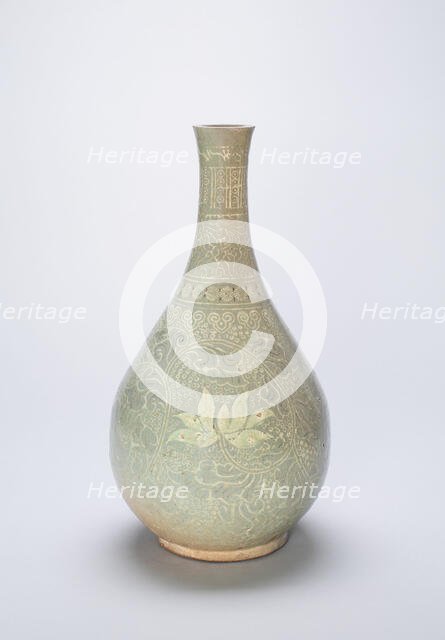 Bottle-Shaped Vase with Lotus Flowers and Stylized Scrolls, Korea, Goryeo dynasty, 14th century. Creator: Unknown.