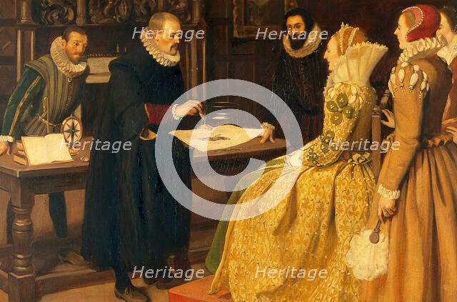 William Gilbert demonstrating the magnet before Queen Elizabeth, 1598, c1912. Creator: Ernest Board.