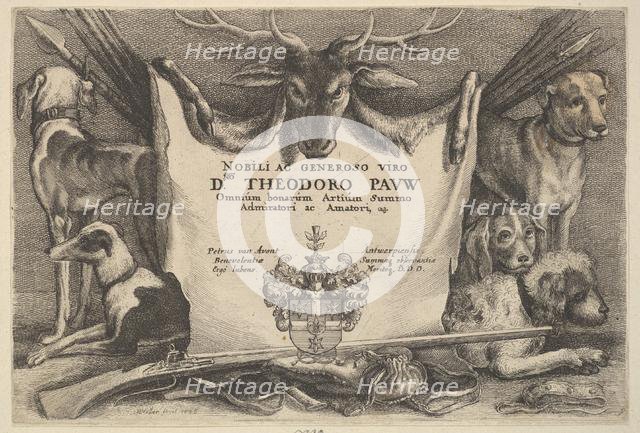 Titlepage with hounds and hunting equipment, 1646. Creator: Wenceslaus Hollar.