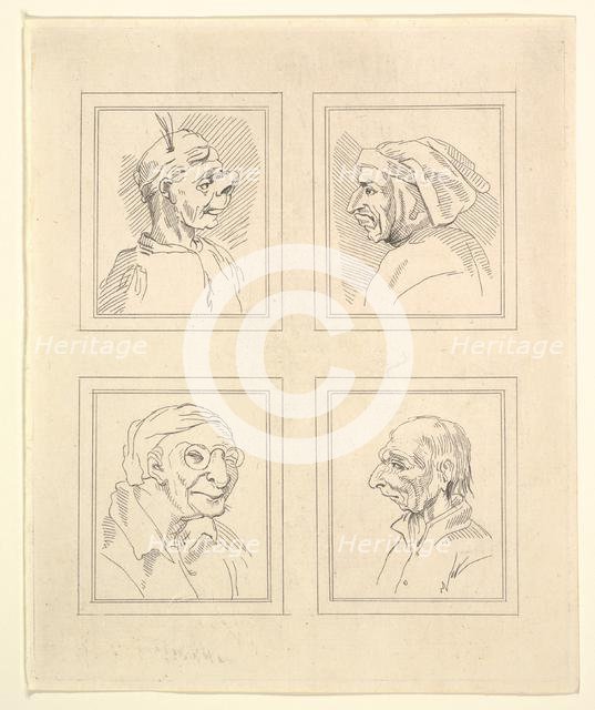 Four Heads (from Characaturas by Leonardo da Vinci, from Drawings by Wincelslaus Hollar, o..., 1786. Creator: Unknown.