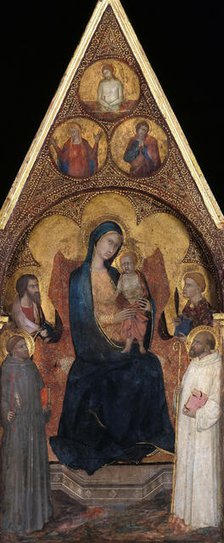 Enthroned Mary with the Child and four saints, c.1350. Creator: Master of the Madonna of the Palazzo Venezia (active 1340-1360).