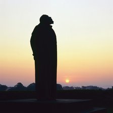 Statue of Danish astronomer Tycho Brahe at sunset, Uranienborg, Ven, Sweden. Artist: Per Eliasson
