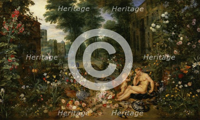 The Smell', represented by a naked nymph smelling flowers offered to her by a winged cherub, by J…