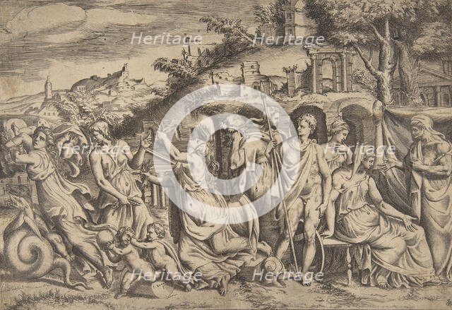 The story of Jason and Medea at the left she carries off her son, in the middle she is ..., 1531-76. Creator: Giulio Bonasone.