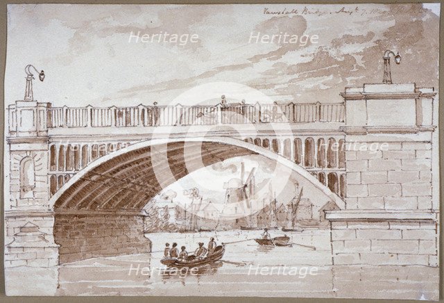 View of a small boat passing underneath Vauxhall Bridge, London, 1820.                        Artist: DHC