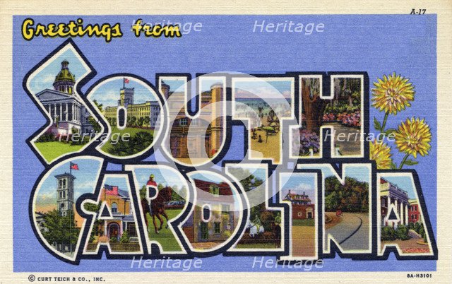 'Greetings from South Carolina', postcard, 1938. Artist: Unknown