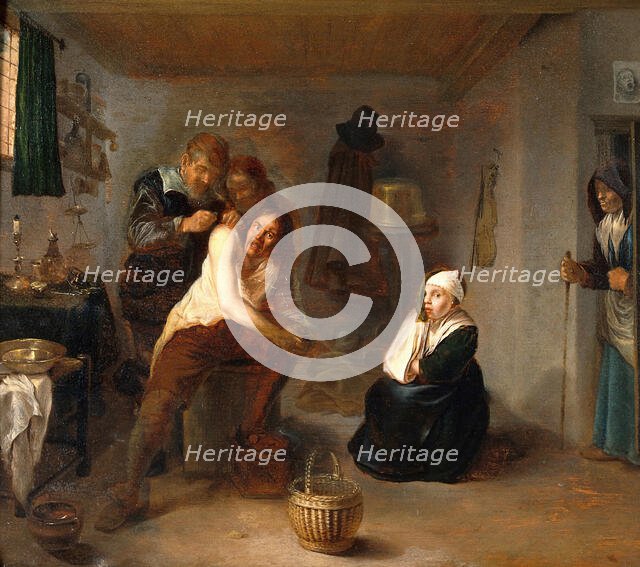 Interior with a surgeon operating on a man's back, c1670s. Creator: Gerrit Lundens.