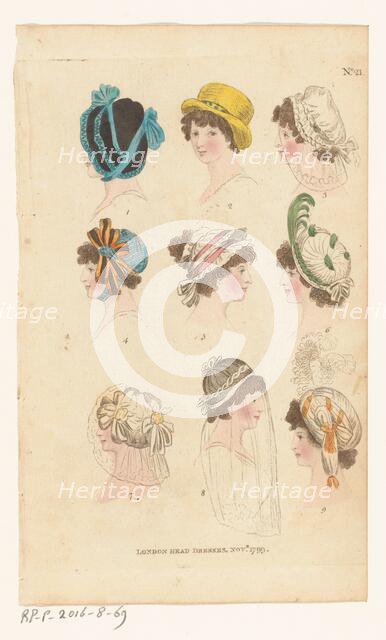 Magazine of Female Fashions of London and Paris, No. 21: London Head Dresses, Nov. 1799, 1799. Creator: Unknown.