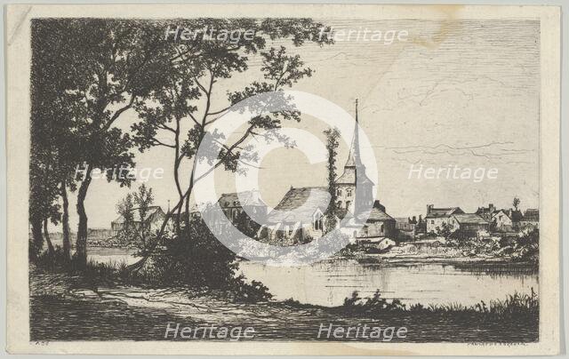 Town with a church across a river, 19th century. Creator: Tancrède Abraham.