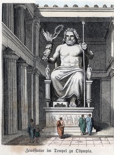 Statue of Olympian Jupiter in a Greek temple. Coloured engraving, 1865.