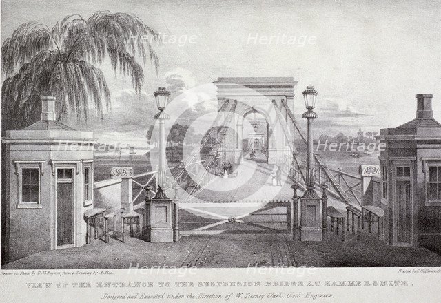 'View of the entrance to the suspension bridge at Hammersmith...', London, 1827. Artist: Thomas Mann Baynes