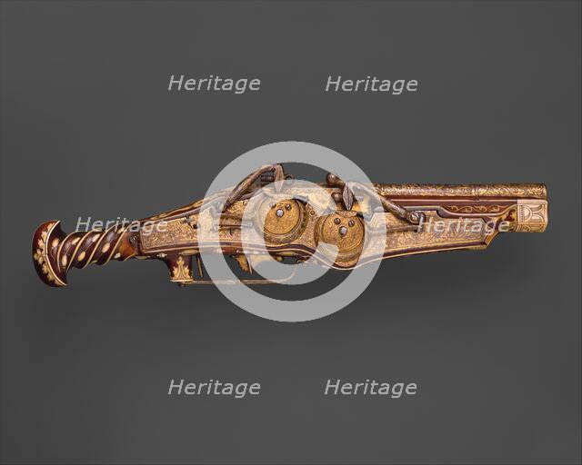 Double-Barreled Wheellock Pistol Made for Emperor Charles V (reigned 1519-56), German, c1540-45. Creators: Peter Peck, Ambrosius Gemlich.