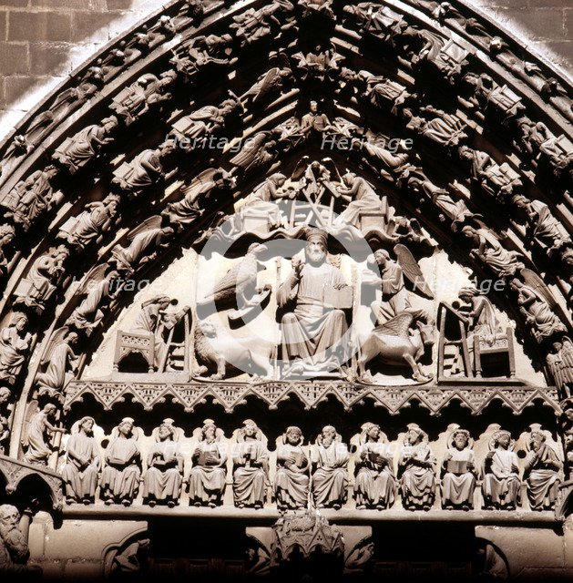 Detail of the Sculptures in the tympanum of the Sarmental door of the cathedral of Burgos, it hig…