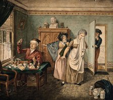 A physician examining a urine specimen in which a faint figure of a baby is visible, a..., 1826. Creator: Unknown.