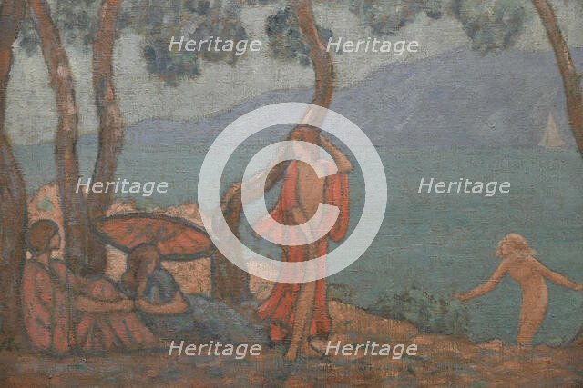 Porquerolles, l'Alycastre. Young women with a parasol under the pines. Creator: Auburtin, Jean Francis (1866-1930).