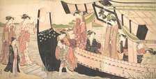 Women Landing from a Pleasure Boat Drawn Up to the Shore at Mukojima on Sumida River, ..., ca. 1785. Creator: Torii Kiyonaga.