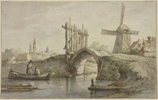 Gated pointed-arch canal bridge, a windmill on the right, two anglers in a boat on the left. Creator: Anthonie van Borssom.
