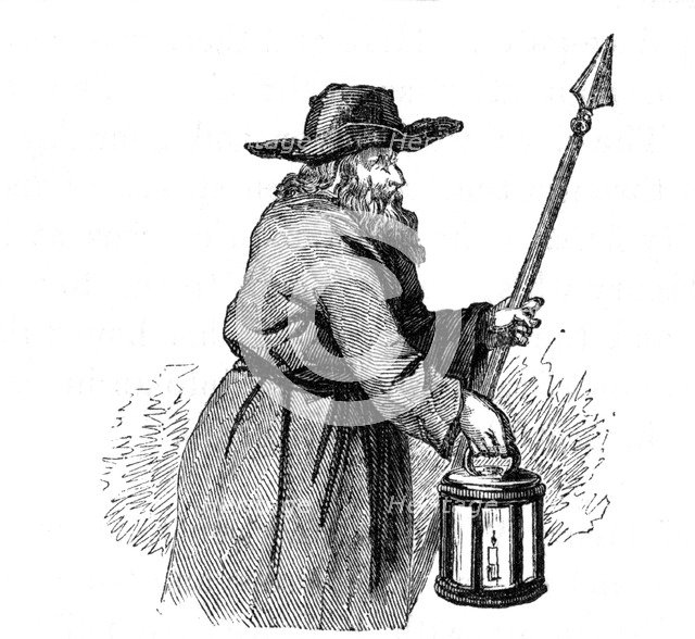 London nightwatchman going through the streets with his pike and lantern, 1569. Artist: Unknown