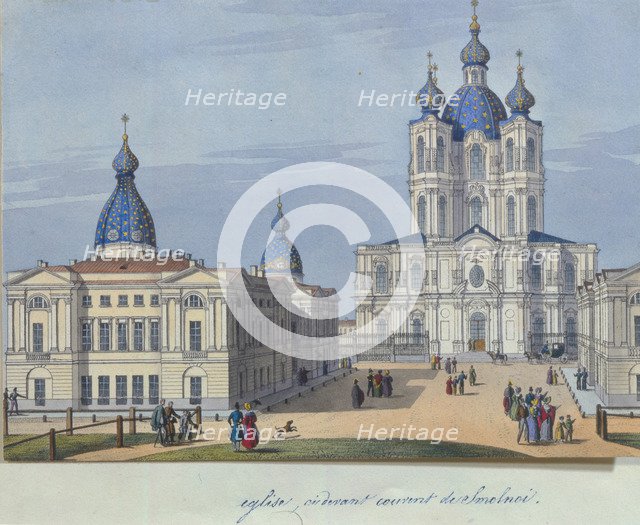 The Smolny Resurrection Cathedral in Saint Petersburg, 1830-1840s. Artist: French master  