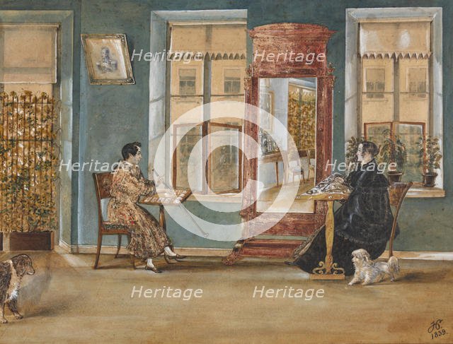 Actor Nikolay Osipovich Dur (1807-1839) with his woman in the living room, 1839. Creator: Hampeln, Carl, von (1794-after 1880).