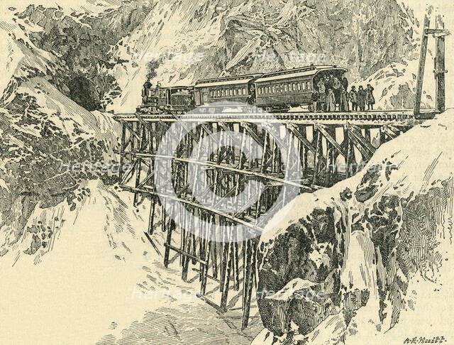 'The First Passenger Train Over the White Pass and Yukon Route to Klondike in Pursuit of Gold',c1900 Creator: A.E. Huitt.