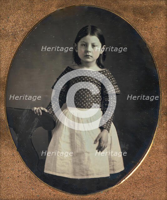 Young Girl Wearing Waist Apron, Resting Hand on Chair, 1840s-50s. Creator: Unknown.
