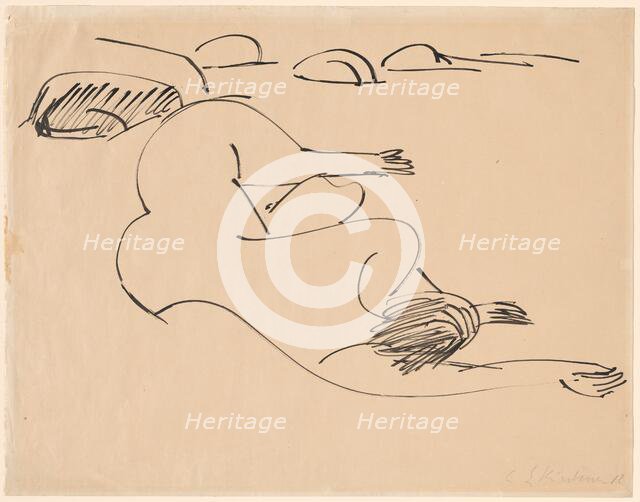 Erna Lying on the Beach among Rocks, 1912. Creator: Ernst Kirchner.