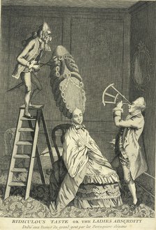 A seated lady has her hair curled and dressed to a towering height, c1770. Artist: Unknown