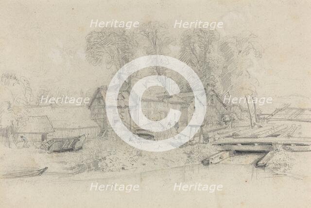 River Landscape with Buildings, Boats, and Figures, c. 1858. Creator: Eugene Louis Boudin.