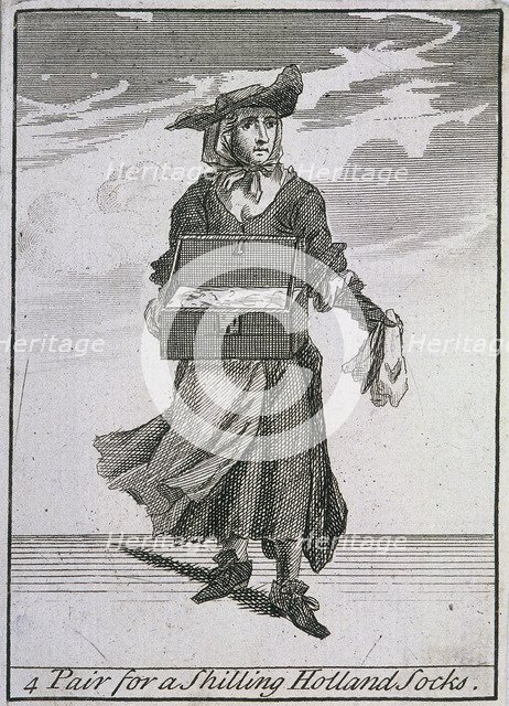 '4 Pair for a Shilling Holland Socks', Cries of London, (c1688?). Artist: Anon