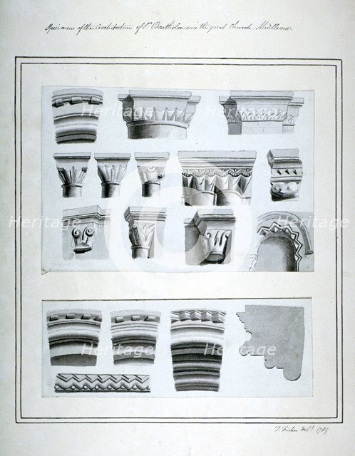 Architectural features in the Church of St Bartholomew-the-Great, Smithfield, City of London, 1789. Artist: Thomas Fisher