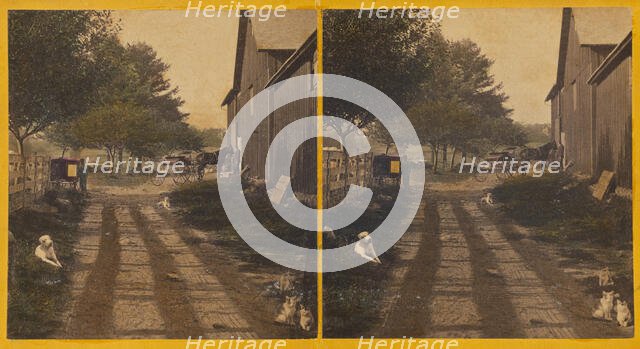 Country road with barn, dogs and cats about, about 1865. Creator: Unknown.