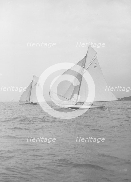 The 8 Metre 'Ierne' & 'Gundred' racing downwind, 1913. Creator: Kirk & Sons of Cowes.
