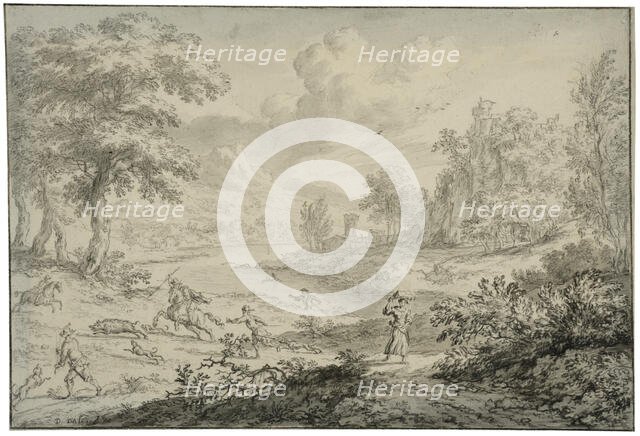 Italian landscape with wild boar hunting. Creator: Dirck Dalens II.