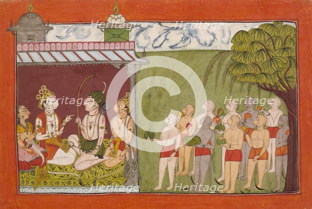 Lakshmana Meets with Tara, Sugriva, and Hanuman in the Palace of Kishkandha..., c1700. Creator: Unknown.