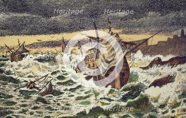 Destruction by the storms of the Spanish Armada, sent by King Philip II against England in 1588.