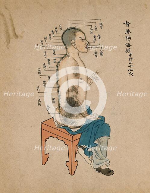 Acupuncture chart with a series of points indicated on the figure of a seated Chinese man, 1700-1799 Creator: Unknown.