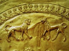 Etruscan gold fibula decorated with five lions, from the Regolini Galassi tomb, detail of the upp…