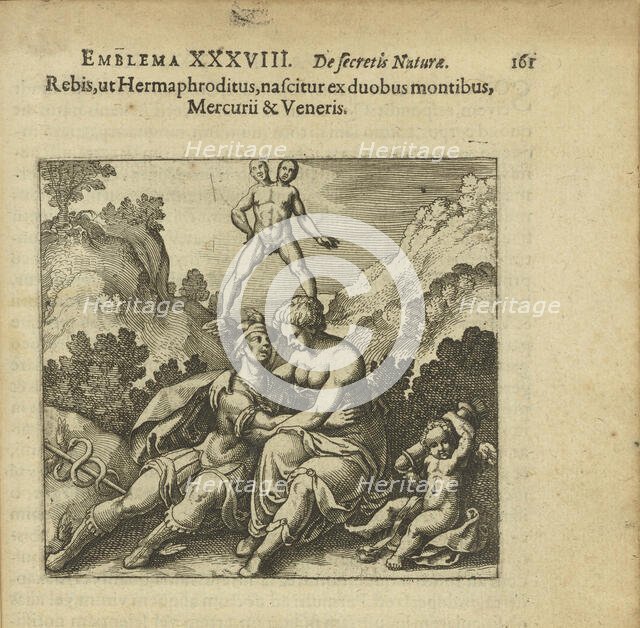 Emblem 38. The Rebis like a hermaphrodite is born from two mountains, Mercurius and Venus, 1816. Creator: Merian, Matthäus, the Elder (1593-1650).