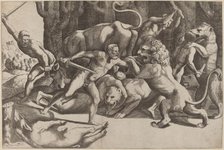 Five Men Fighting Beasts, 1532. Creator: Master of the Die.