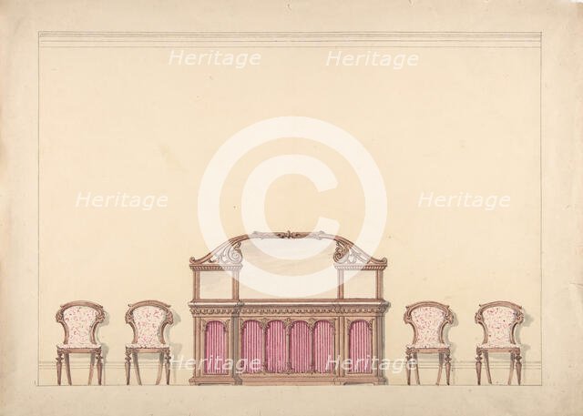 Design for a Mirrored Cabinet and Four Chairs, early 19th century. Creator: Anon.