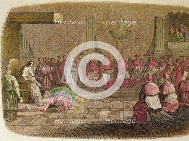 Japanese Ambassadors kneel at the feet of Pope Gregory XIII in 1585, engraving, 1850.