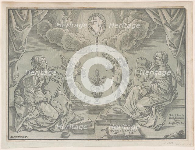 Allegory of a thesis, two women hold inscribed tablets, 1640. Creator: Bartolomeo Coriolano.