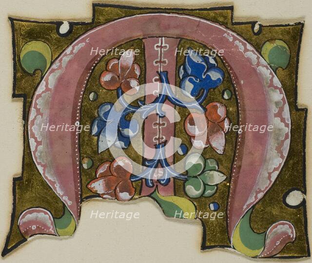 Decorated Initial "M" in Pink with Conventional Leaves from a Choir Book, 14th century..., c. 1920. Creator: Unknown.