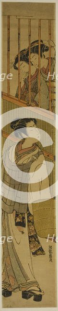 Two Young Women Looking out at Young Man Dressed as Komuso, c. 1774. Creator: Isoda Koryusai.