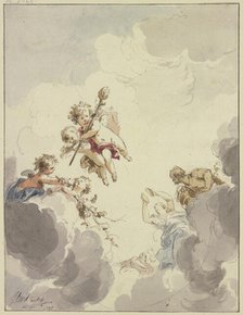Cupids with a thyrsus and Bacchantes in clouds, 1740. Creator: Jacob de Wit.